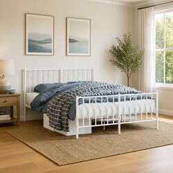 Metal Bed Frame 135x190 cm with Headboard in White