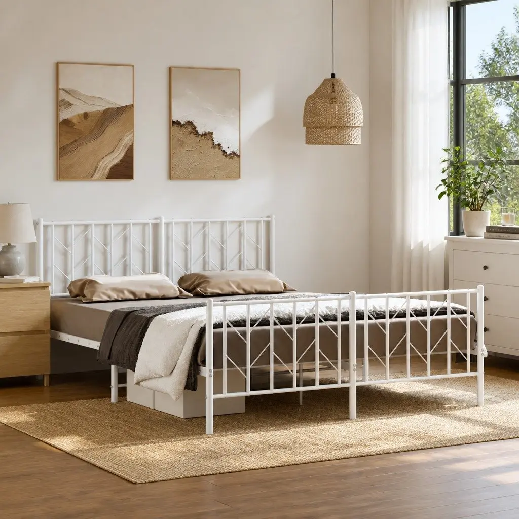 Metal Bed Frame Slatted Base White 150x200 cm with Storage Space and Footboard