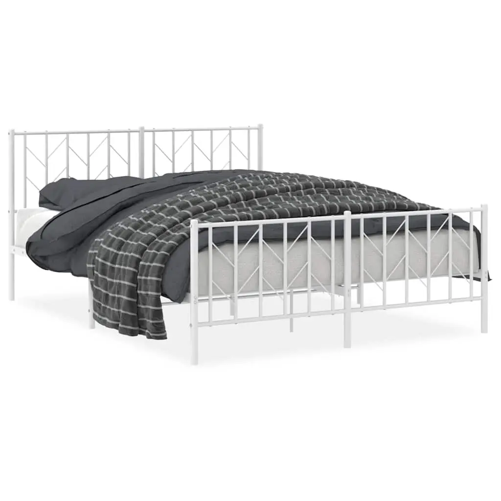 Metal Bed Frame Slatted Base White 150x200 cm with Storage Space and Footboard