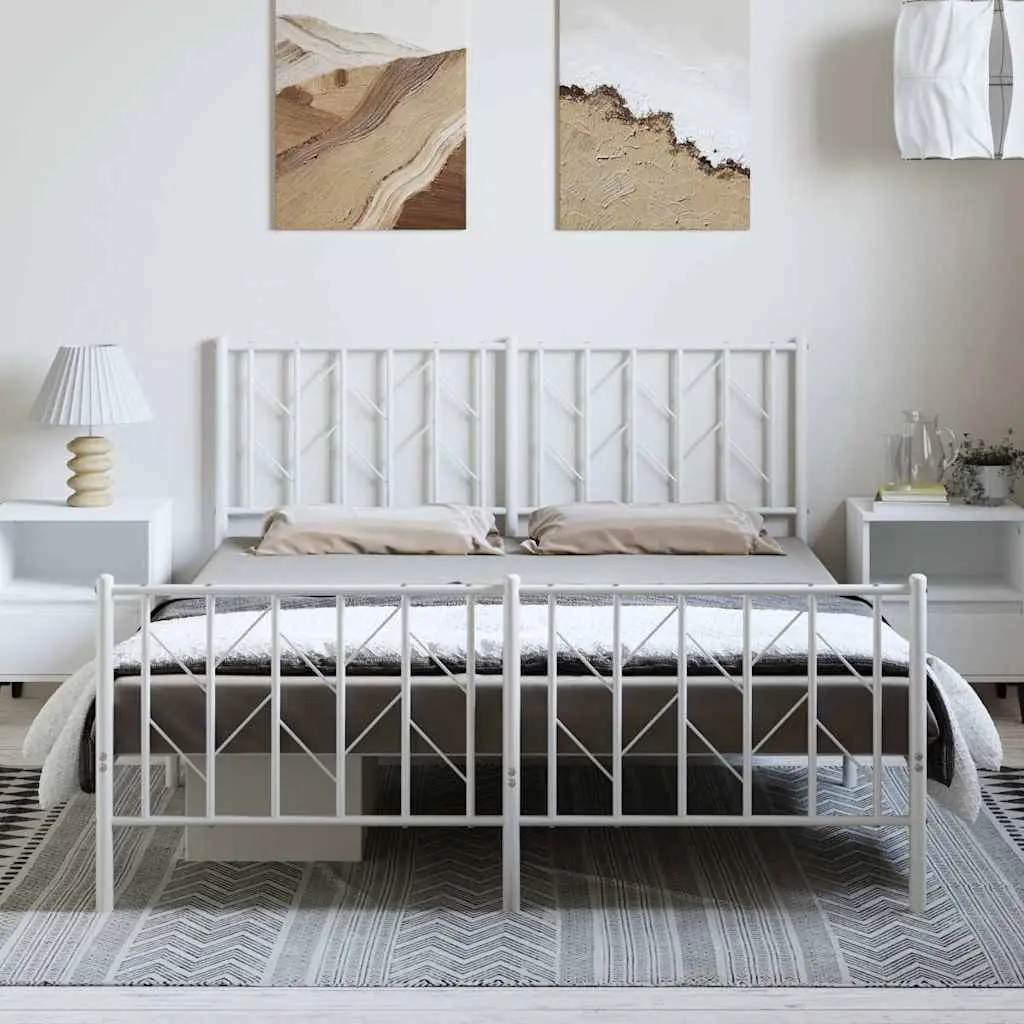 Metal Bed Frame Slatted Base White 150x200 cm with Storage Space and Footboard
