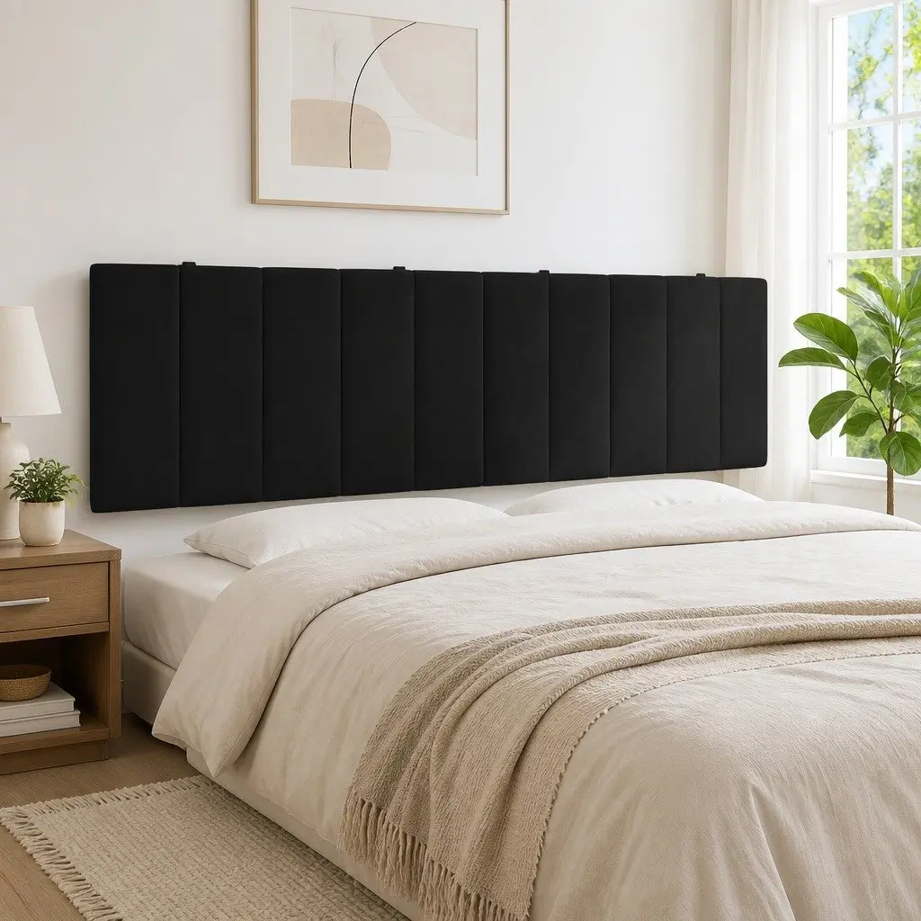 Headboard Cushion Black 180cm Velvet Wall Mounted Bed Pillow with Straps