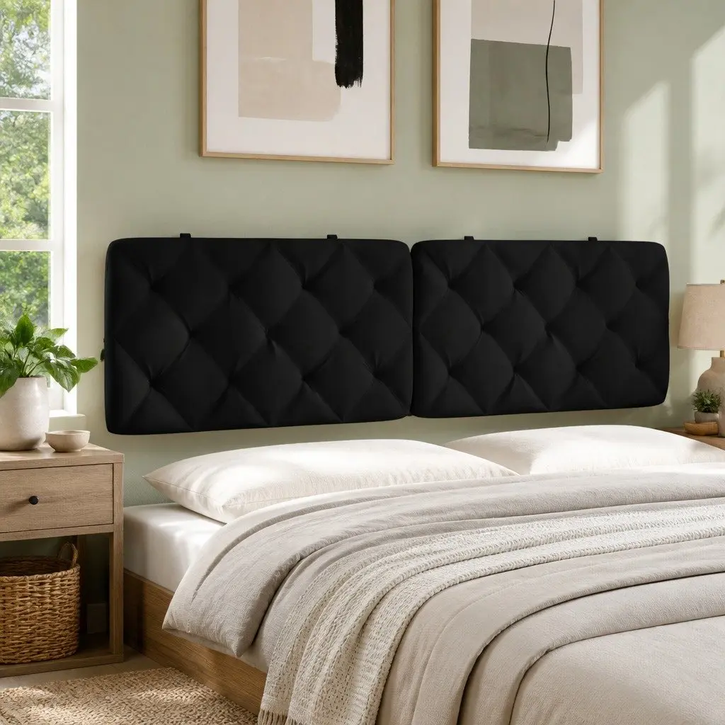 Headboard Cushion Black Velvet 180 cm Diamond Quilted Wall Mount Bed Pillow Support