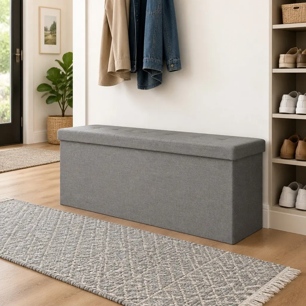 Storage Bench Foldable Grey Upholstered Seat Box Entryway Hallway Living Room
