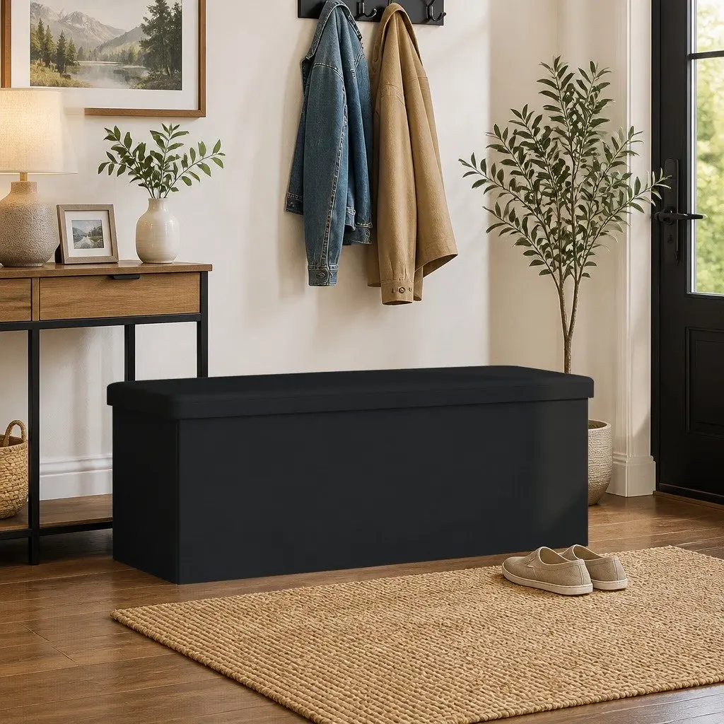 Storage Bench Black Foldable PVC Seat Ottoman with Storage Compartment