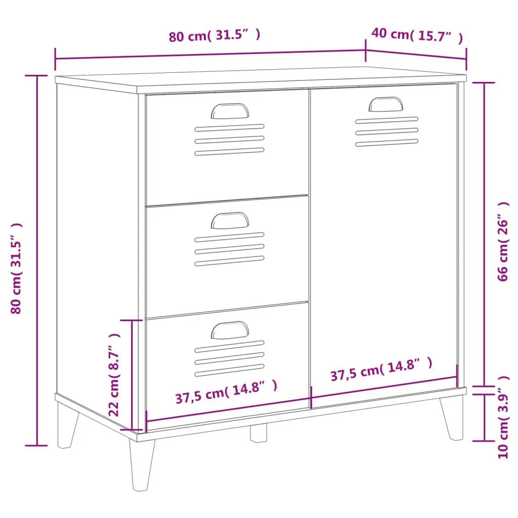 Sideboard White 80x40x80cm Industrial Design Cabinet Storage Buffet Hallway