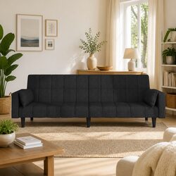 2-Seater Sofa Bed Black Fabric Convertible Day Bed Guest Sleeper with Pillows
