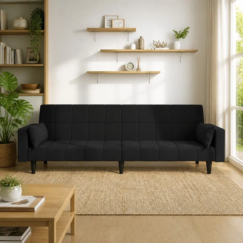 Sofa Bed Black Velvet 2-Seater Convertible Push Backrests with Two Pillows