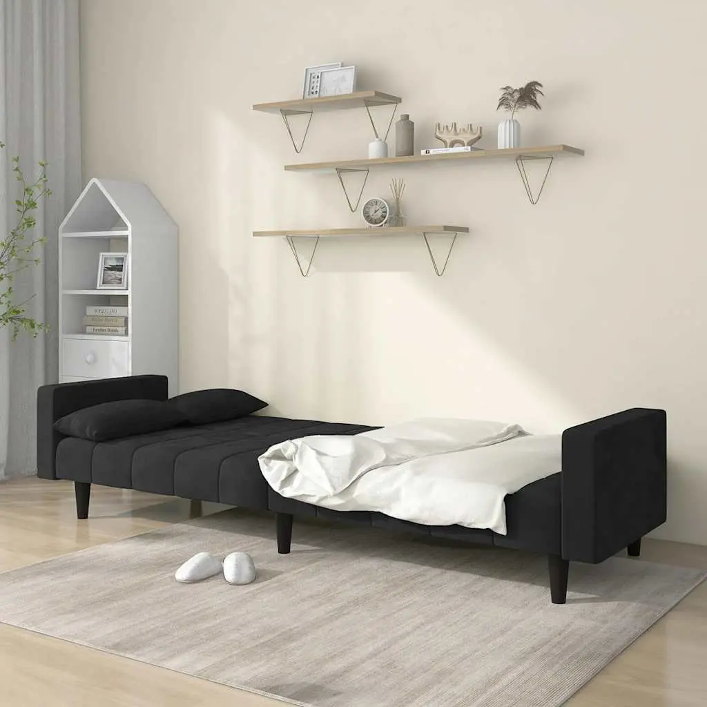 Sofa Bed Black Velvet 2-Seater Convertible Push Backrests with Two Pillows
