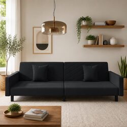 Black Velvet 2-Seater Sofa Bed with Pillows