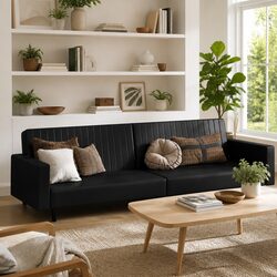 2-Seater Sofa Bed Black Faux Leather Convertible Day Bed Guest Furniture Sleeper