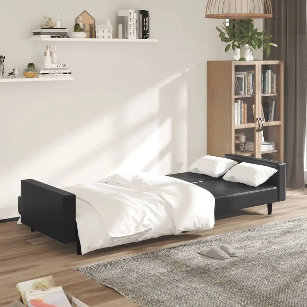 2-Seater Sofa Bed Black Faux Leather Convertible Day Bed Guest Furniture Sleeper