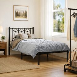 Black Metal Bed Frame with Headboard, Simple and Strong