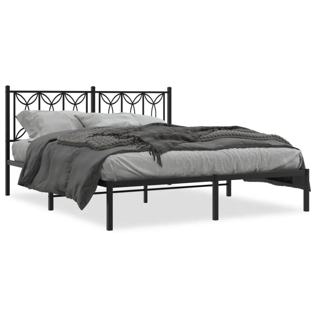 Metal Bed Frame Black 150x200 cm Headboard Steel Slats Centre Legs Storage