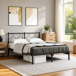 Compact Black Metal Bed Frame 135x190 cm with Headboard