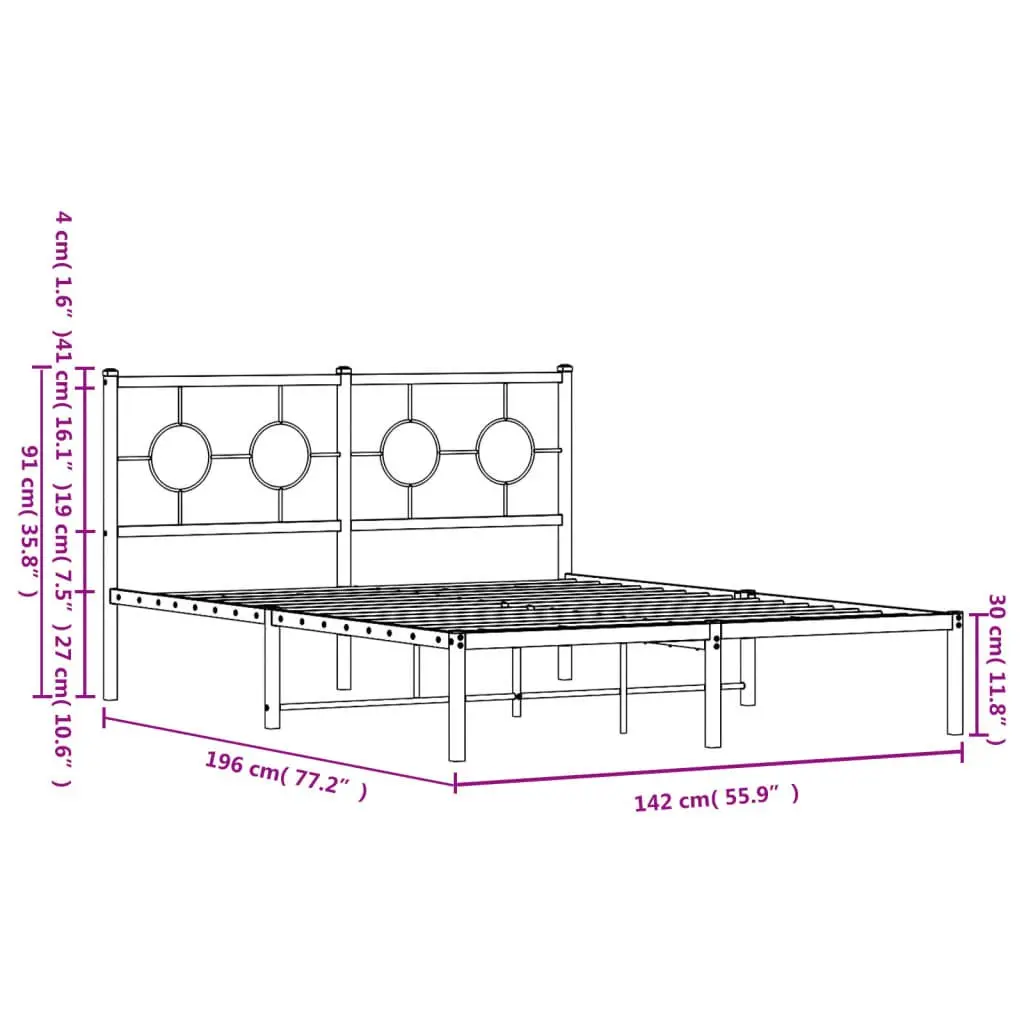 Metal Bed Frame Black 135x190 cm with Headboard Slatted Base