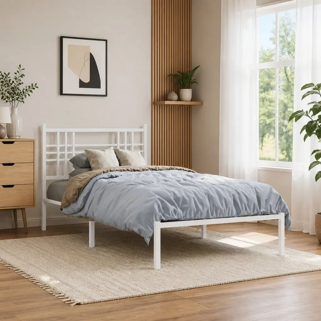 Metal Bed Frame White 90x190 cm with Headboard Under-Bed Storage Space