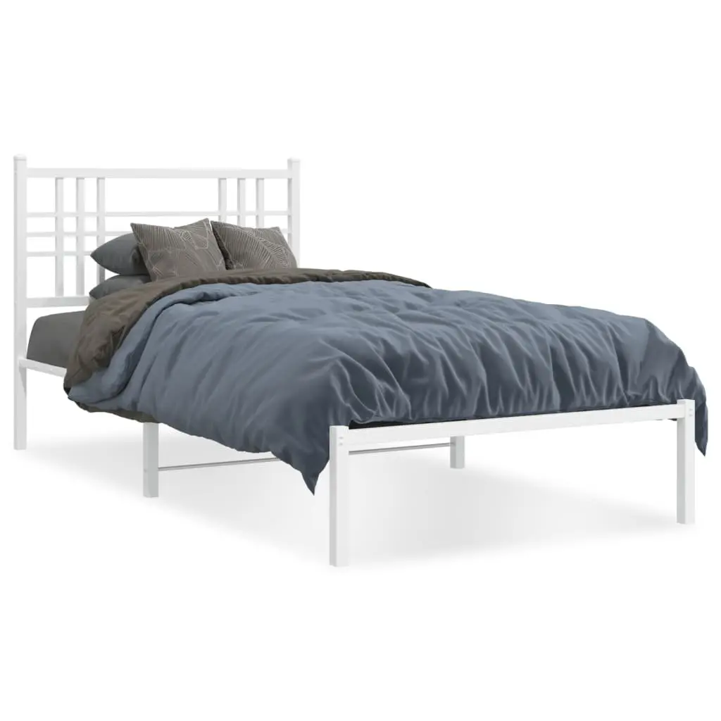 Metal Bed Frame White 90x190 cm with Headboard Under-Bed Storage Space