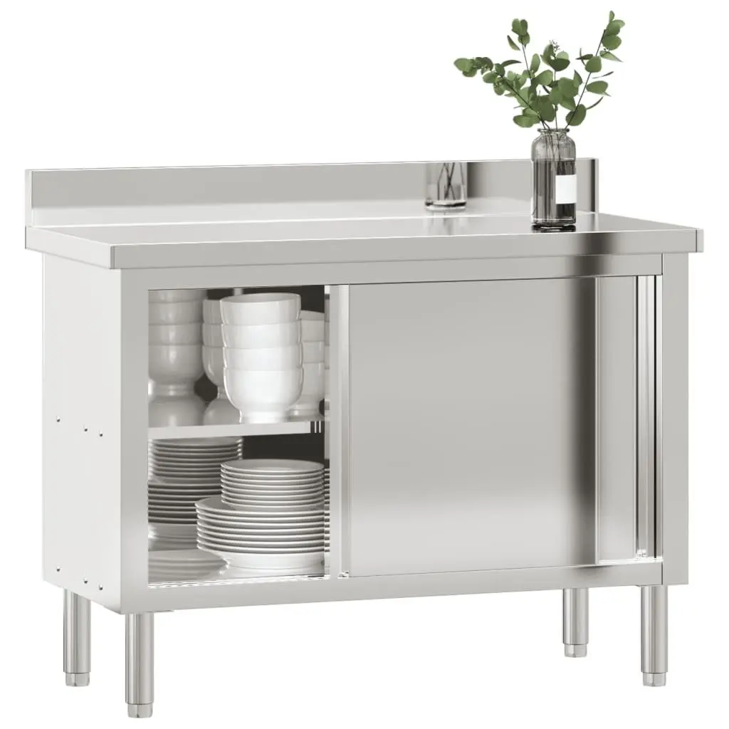 Stainless Steel Work Table for Commercial Kitchen with Sliding Doors and Bottom Storage Shelf