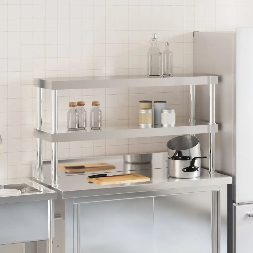 Work Table Overshelf Silver 110x30x65cm 2-Tier Stainless Steel Kitchen Prep Shelf Rack