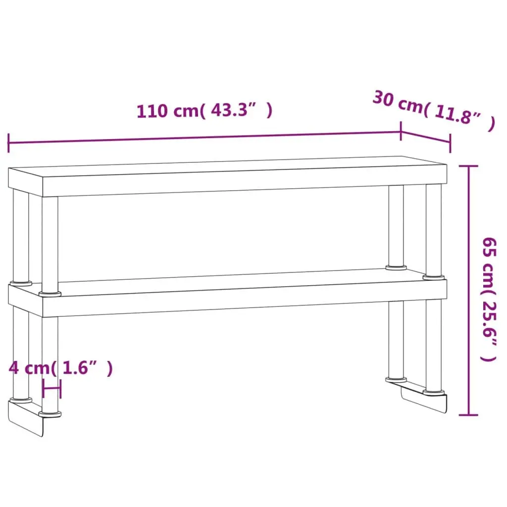 Work Table Overshelf Silver 110x30x65cm 2-Tier Stainless Steel Kitchen Prep Shelf Rack
