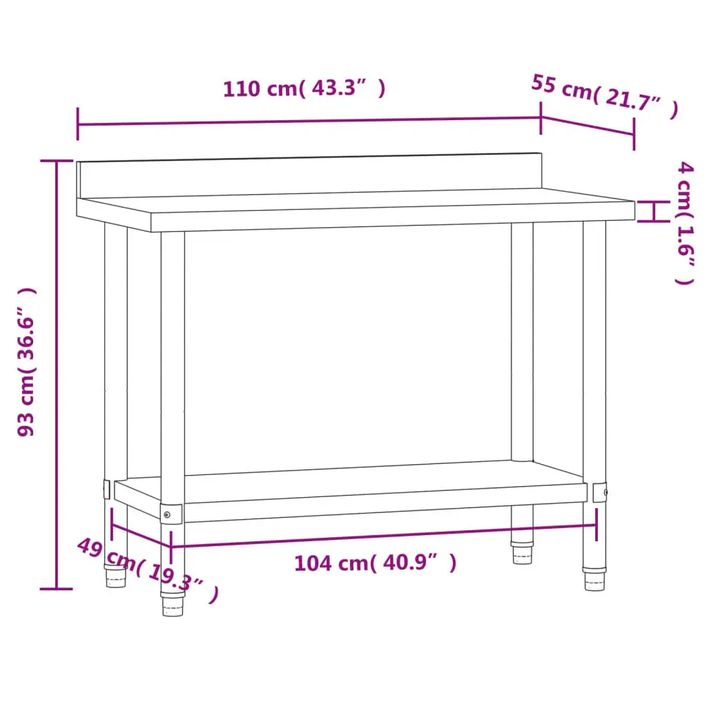 Stainless Steel Prep Station Kitchen Work Table 110x55x93cm with Backsplash and Adjustable Feet for Food Preparation and Storage