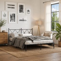 Sturdy Black Metal Bed Frame 135x190 cm with Headboard