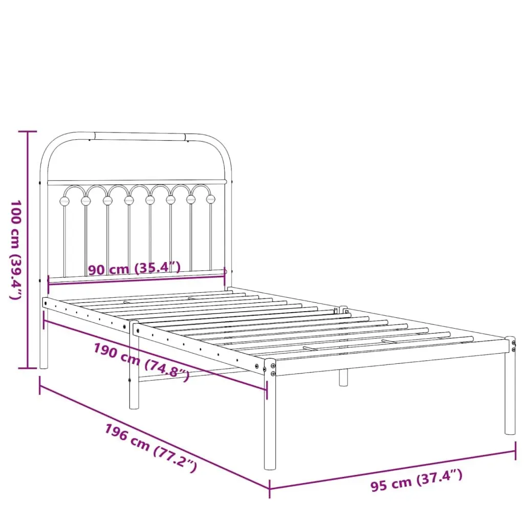 Metal Bed Frame Black 90x190 cm Sturdy Construction Headboard Slatted Base