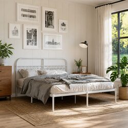 Compact White Metal Bed Frame 150x200 cm with Headboard