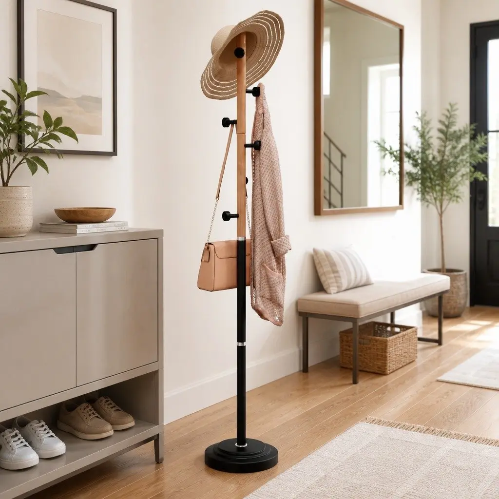 Coat Stand 177cm Black Iron Beech Wood 6 Hooks Sturdy Storage Rack for Organising Coats and Accessories