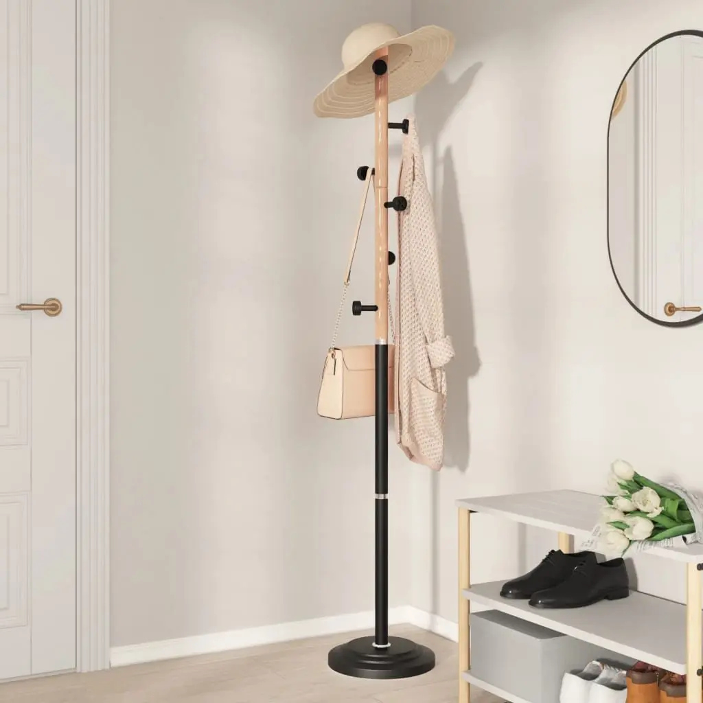 Coat Stand 177cm Black Iron Beech Wood 6 Hooks Sturdy Storage Rack for Organising Coats and Accessories