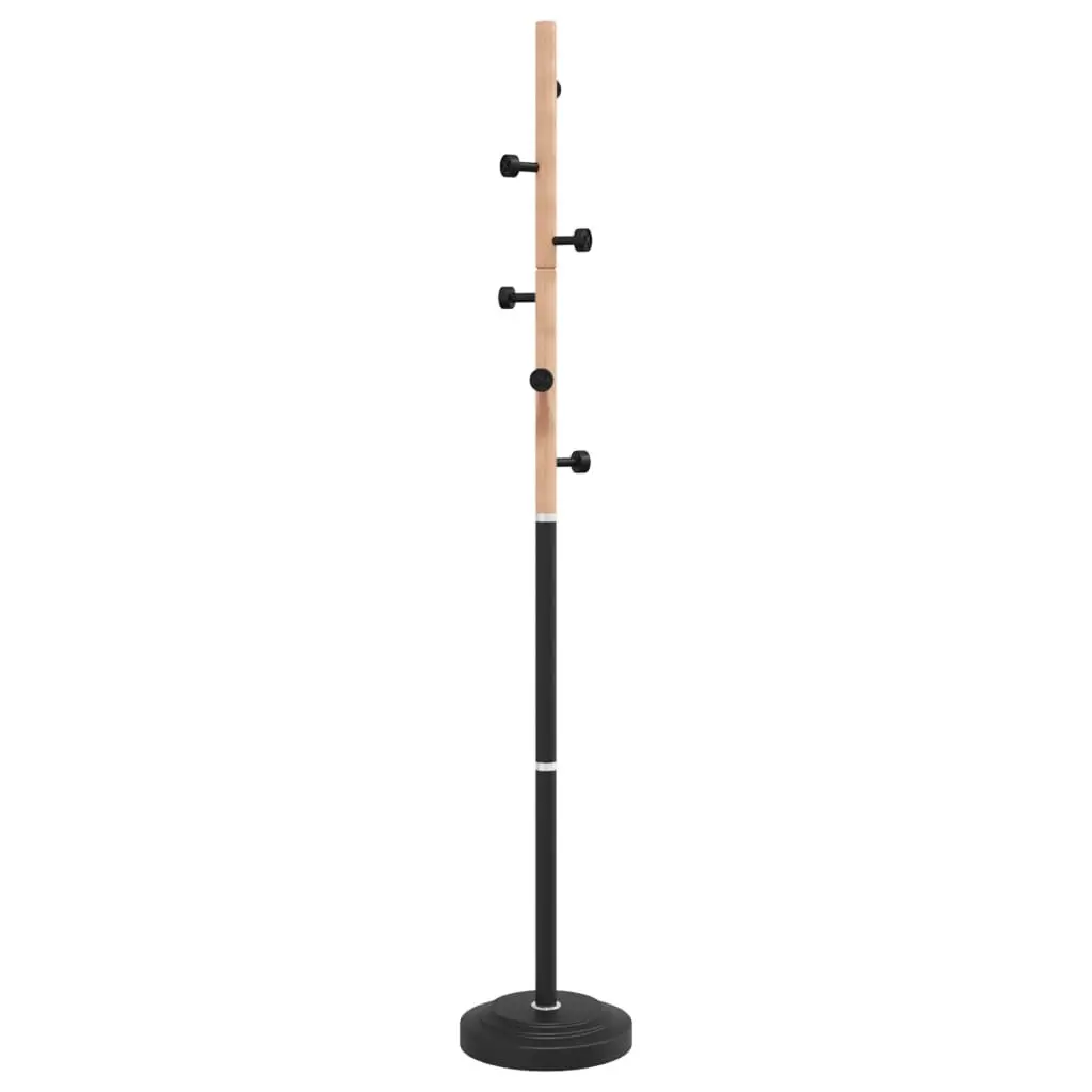 Coat Stand 177cm Black Iron Beech Wood 6 Hooks Sturdy Storage Rack for Organising Coats and Accessories