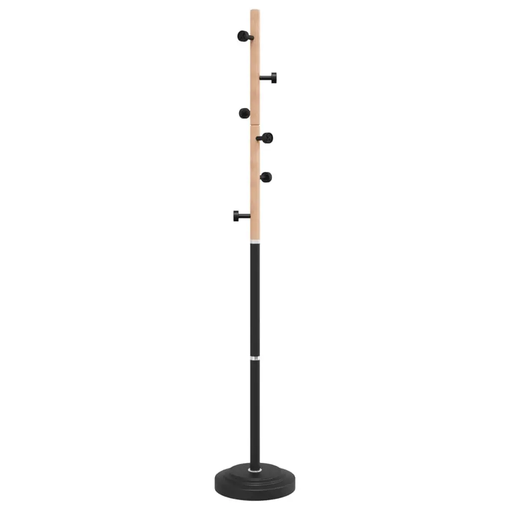 Coat Stand 177cm Black Iron Beech Wood 6 Hooks Sturdy Storage Rack for Organising Coats and Accessories