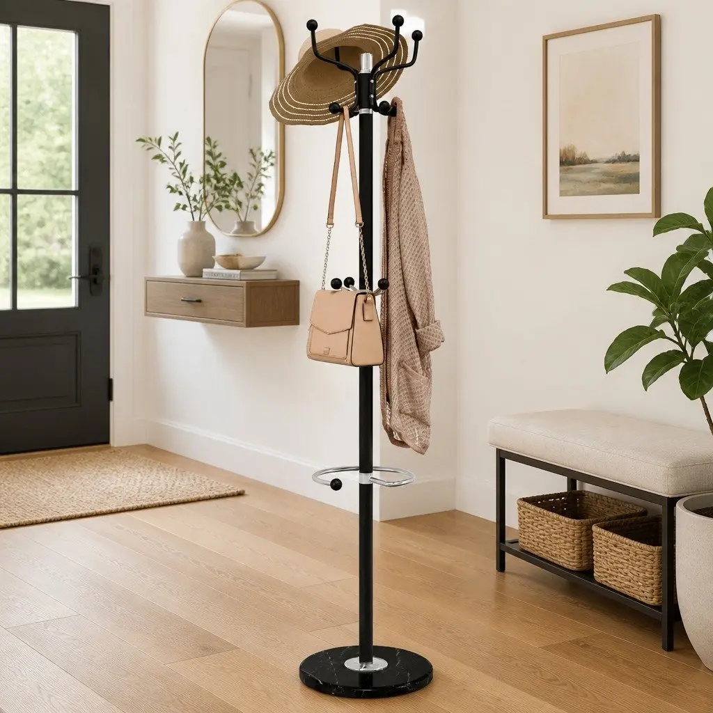 Coat Stand Black 180cm Powder-coated Iron Frame 12 Hooks Umbrella Holder