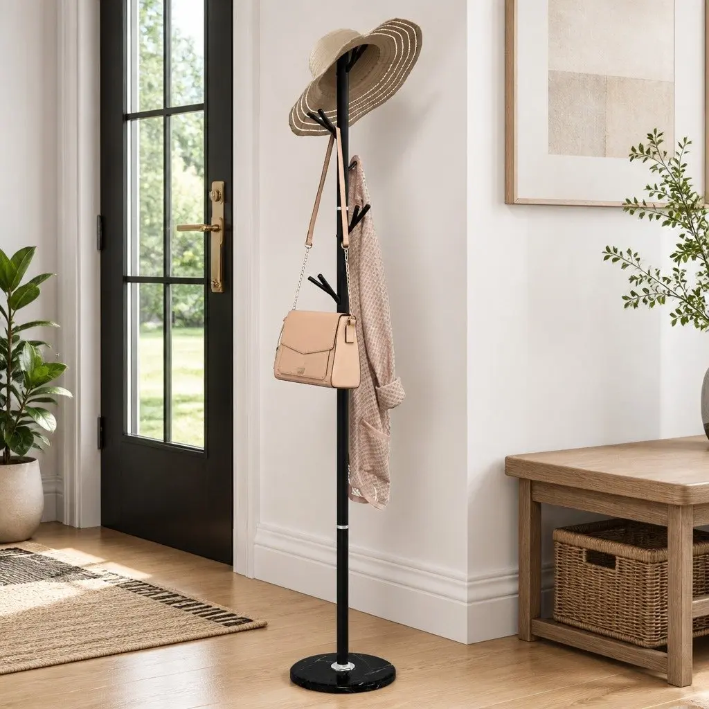 Coat Stand Black 175 cm Iron Frame 12 Hooks Free-standing Storage Organizer