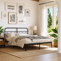 Metal Bed Frame 150x200 cm Bedroom Furniture with Headboard Black Steel
