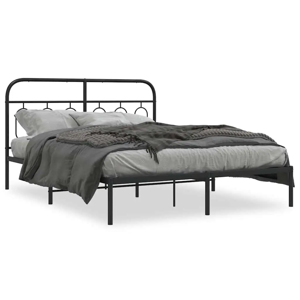 Metal Bed Frame Black 150x200 cm Sturdy Steel Construction with Headboard