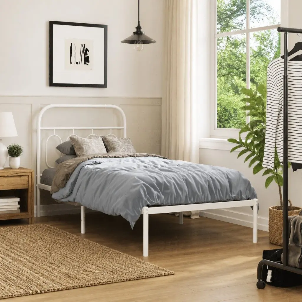 Metal Bed Frame White 90x190 cm with Headboard Slatted Base Storage