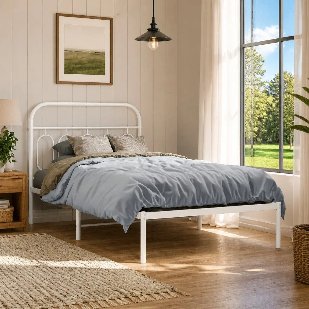Metal Bed Frame White King Single 107x203 cm Steel Slats Headboard Storage