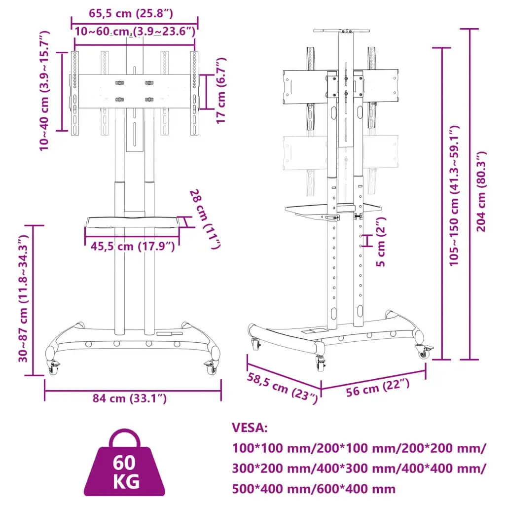 TV Stand on Wheels Black Height Adjustable for 32-70 Inch Monitors with Lockable Castors
