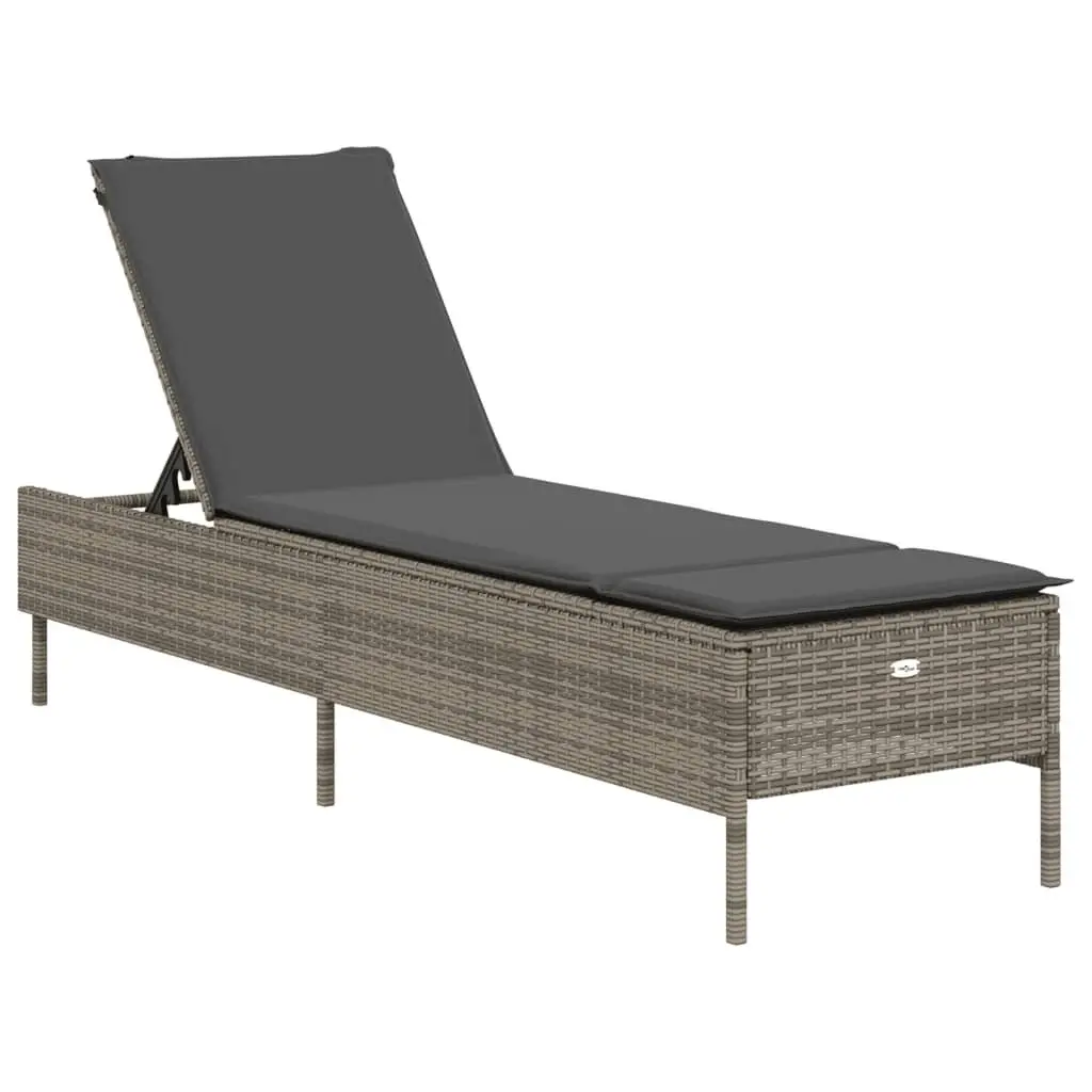 Sun Lounger with Cushion Grey Poly Rattan Outdoor Furniture Adjustable Backrest