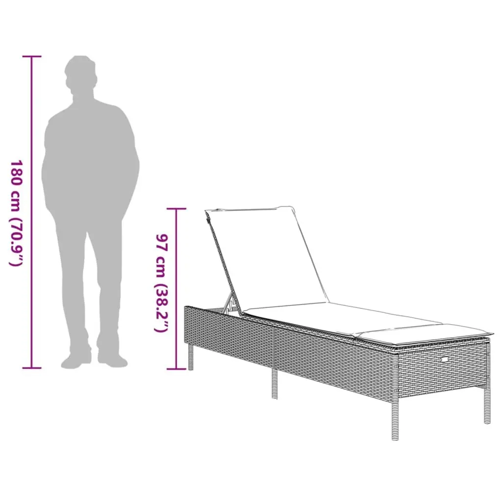 Sun Lounger with Cushion Grey Poly Rattan Outdoor Furniture Adjustable Backrest