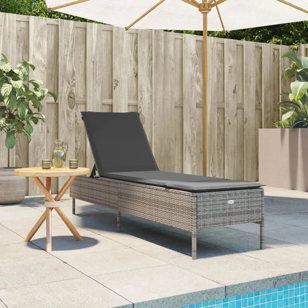 Sun Lounger with Cushion Grey Poly Rattan Outdoor Furniture Adjustable Backrest
