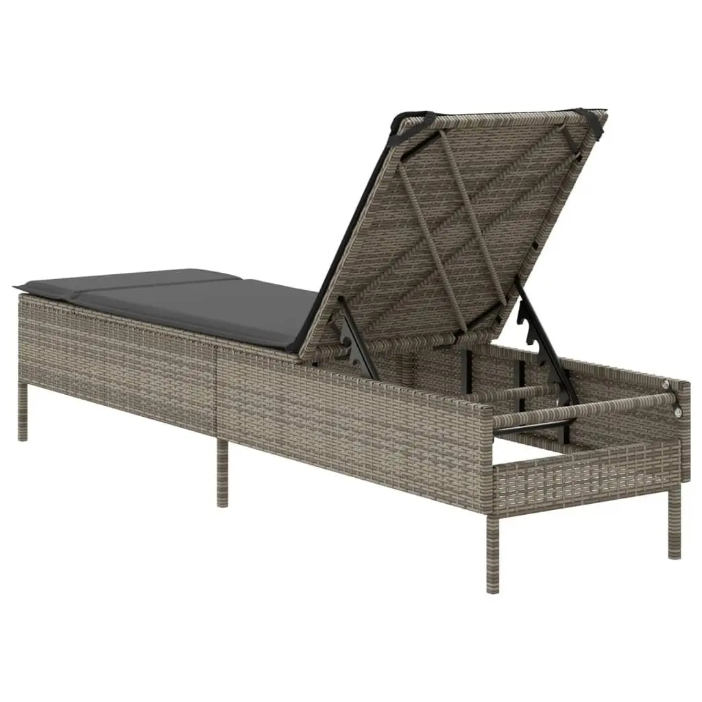 Sun Lounger with Cushion Grey Poly Rattan Outdoor Furniture Adjustable Backrest