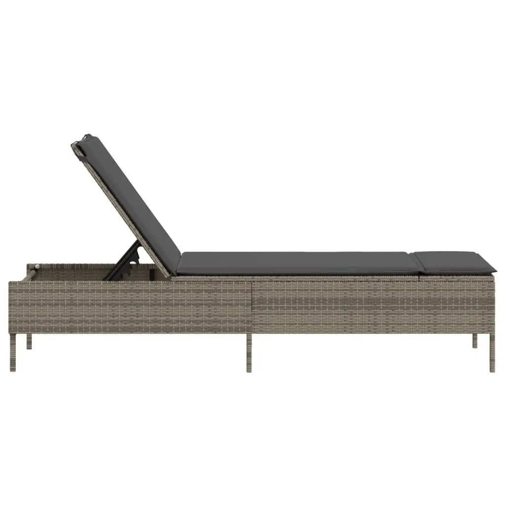 Sun Lounger with Cushion Grey Poly Rattan Outdoor Furniture Adjustable Backrest