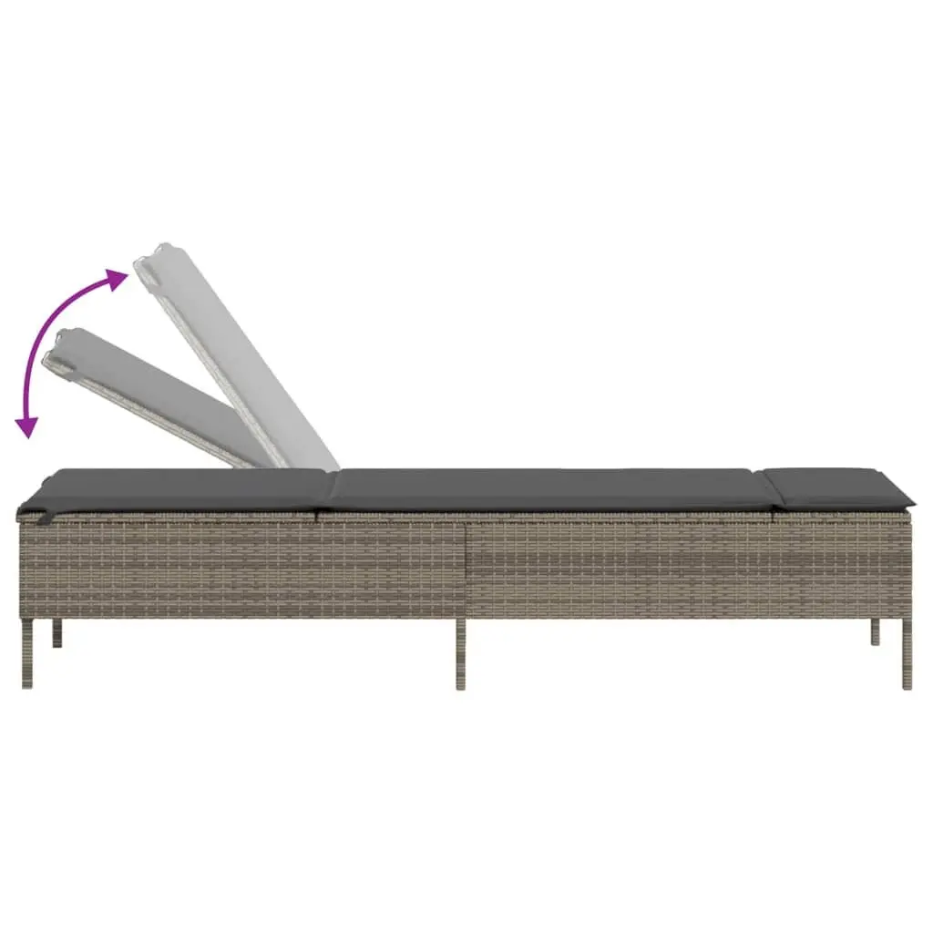 Sun Lounger with Cushion Grey Poly Rattan Outdoor Furniture Adjustable Backrest