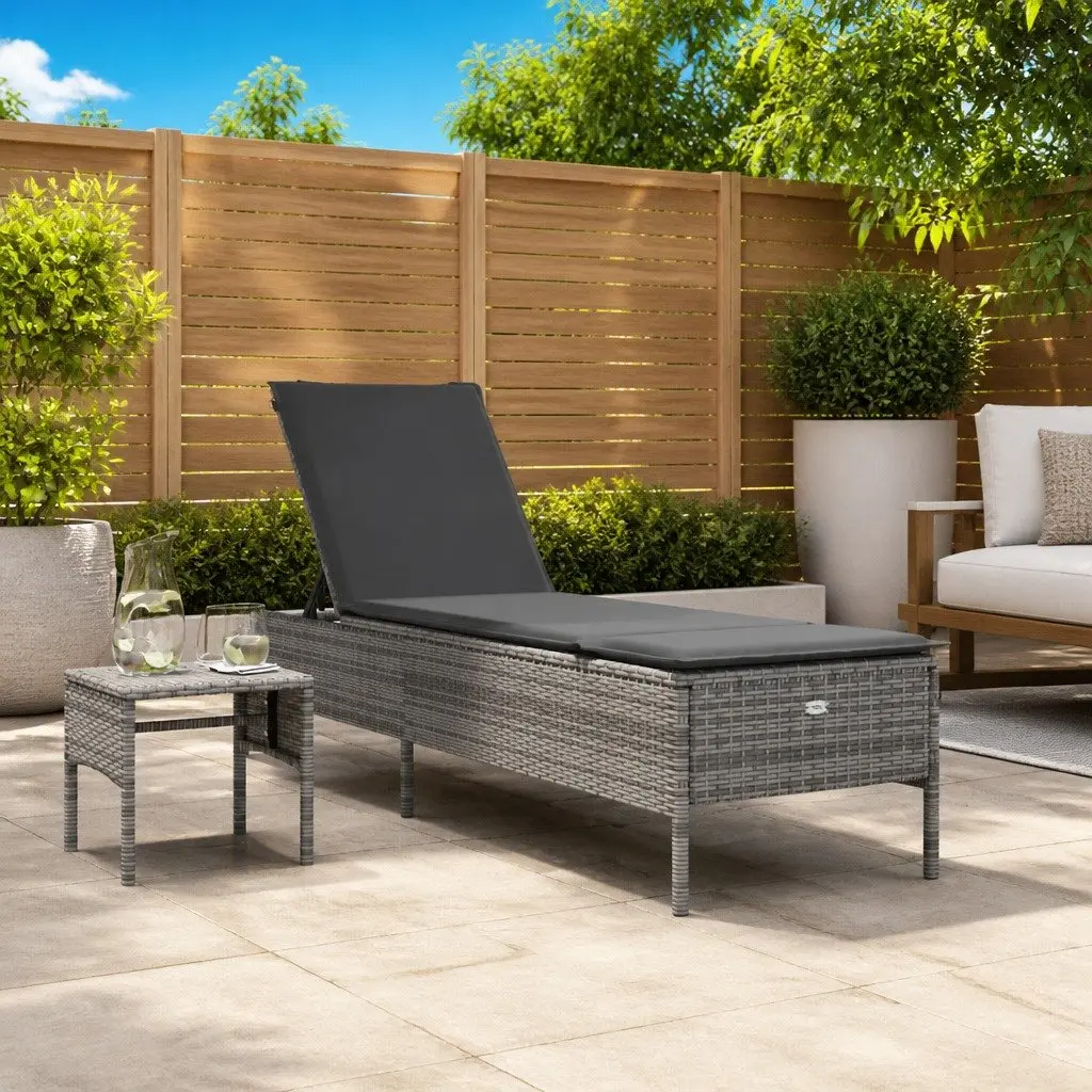 Adjustable Backrest Sun Lounger Grey Poly Rattan with Cushion and Side Table
