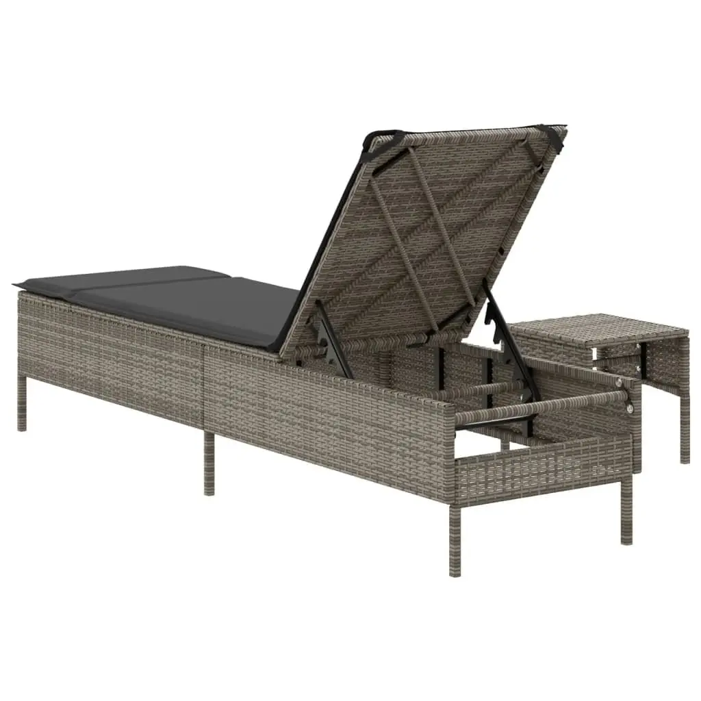 Adjustable Backrest Sun Lounger Grey Poly Rattan with Cushion and Side Table
