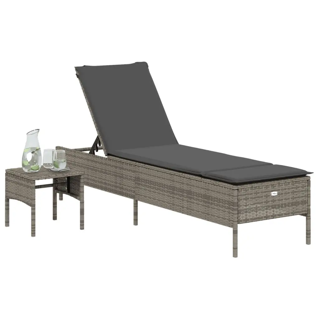 Adjustable Backrest Sun Lounger Grey Poly Rattan with Cushion and Side Table