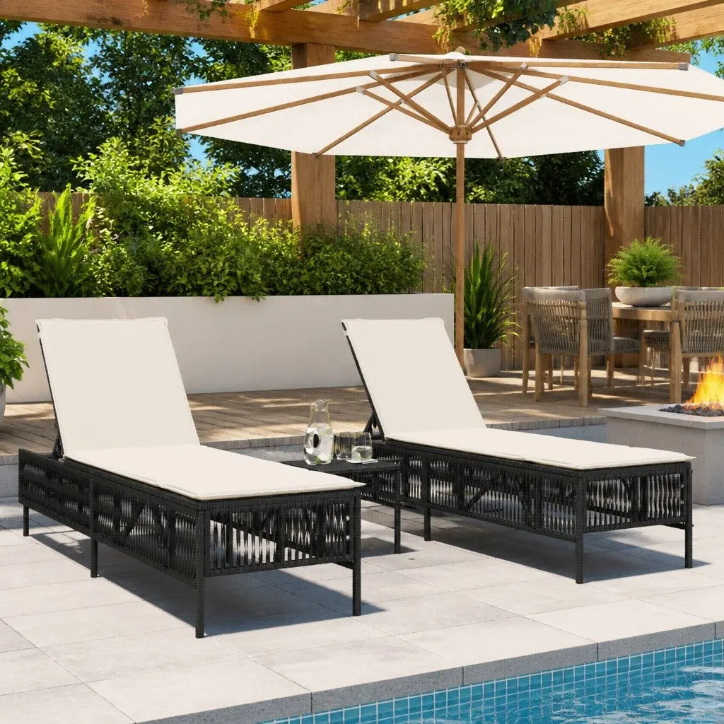 Sun Loungers 2 pcs with Table Black Outdoor Garden Furniture Adjustable Backrest