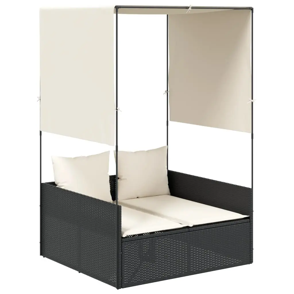 Double Sun Lounger with Roof Curtains Outdoor Garden Furniture Black Rattan